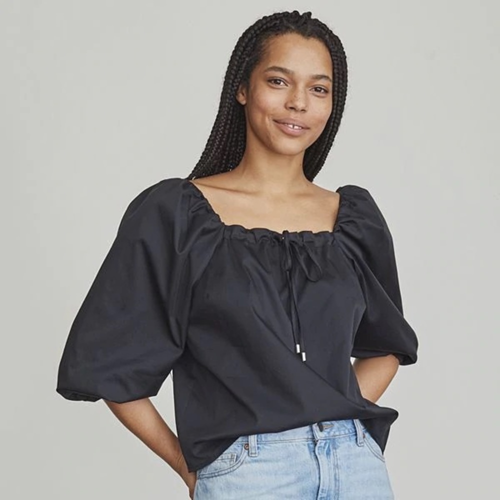 Elizabeth and James black square neck puff sleeve tie neck blouse size small
